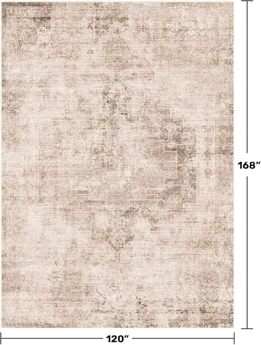 Hazo Haus Neutral Living Room Rug - 10x14 Farmhouse Beige Brown Large Area Rug for Dining Room, Bedroom, Low Pile Lightweight Washable