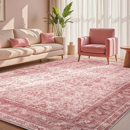 OPPODREAM Vintage Pink Area Rugs 5x7, 5 x 7 Retro Washable Rug Non Slip, Low-Pile Faux Wool Carpet, Distressed Floor Mat for Living Room, Bedroom, Kitchen, Office, Dorm, Dinning Room