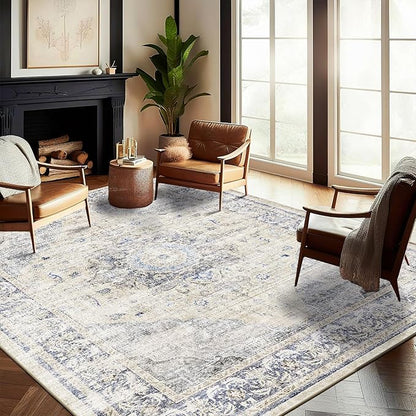 CHAMPLANT Washable Area Rug 9'x12' Floral Blue Boho Design Non-Shedding Easy Care Ideal for High Traffic Areas in Living Room Bedroom Office Coffee Table Kitchen Large Carpet