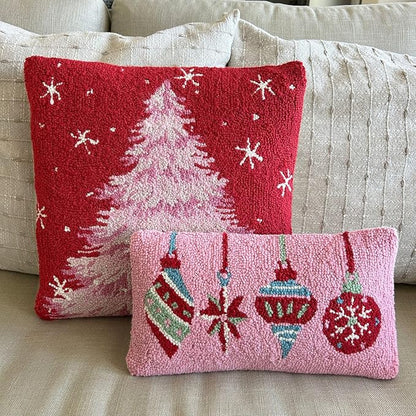 Hand Hooked Christmas Pillow - 18X18 inches Throw Pillow for Couch or Dorm (Pink Tree)
