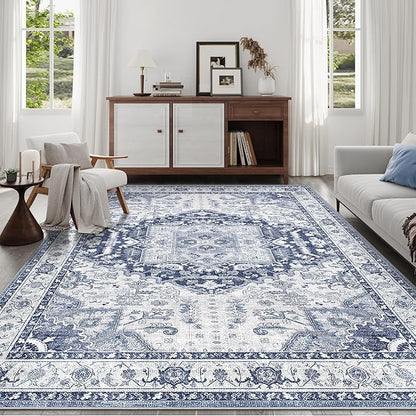 Washable 5x7 Area Rug - Soft Indoor Blue Non Slip Rugs for Living Room Bedroom Low Pile Stain Resistant Vintage Carpet for Home Decor Mat (Navy/Blue,5'x7')