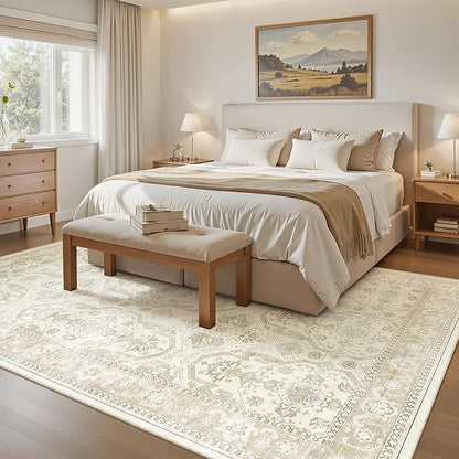 Soalmost 7x9 Area Rug for Living Room Washable Abstract Vintage Soft Thin Indoor Floor Non-Slip Carpet for Bedroom Dining Room Beige/Brown