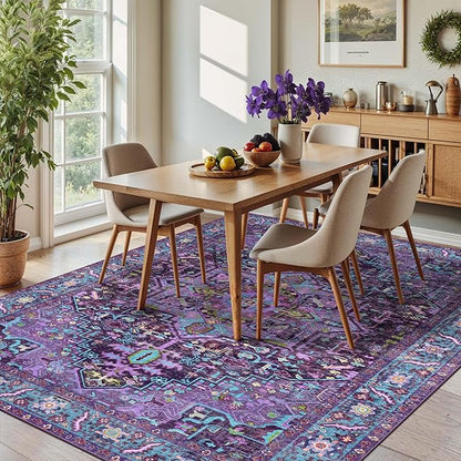 Kokia 5x7 Washable Area Rugs Violet Purple with Vintage Orient Design, Soft Rug for Living Room or Bedroom, Non-Slip Low Pile Stain Resistance Features, Distressed Medallion Pattern