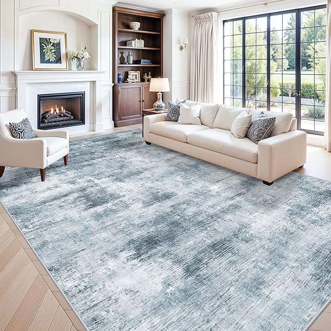 10x14 Area Rug Living Room – Washable Large Neutral Modern Abstract Soft Low Pile Non-Slip Thin Carpet for Bedroom, Dining Room, Home Office (Misty Blue Gray)