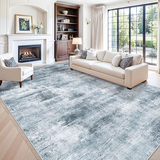 10x14 Area Rug Living Room – Washable Large Neutral Modern Abstract Soft Low Pile Non-Slip Thin Carpet for Bedroom, Dining Room, Home Office (Misty Blue Gray)