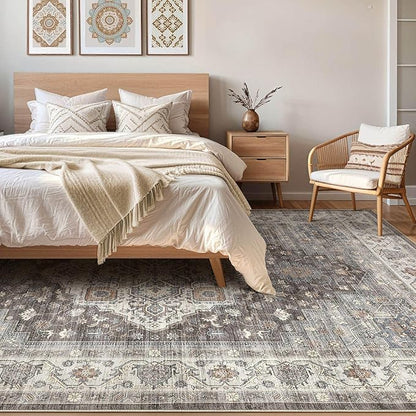 7x10 Area Rug Living Room: Washable Boho Large Neutral Vintage Soft Rug Stain Resistant Farmhouse Non-Slip Indoor Floor Carpet for Bedroom Nursery Kids Office Dining Room Playroom- Grey Brown