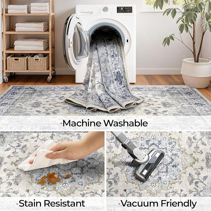 CAPALOCA Machine Washable Rugs Nursery Rug 6x9 Cute Girl Non Slip Low Pile Water Repellent Soft Print Pattern for Bedroom Indoor Decor Kids Playroom Blue White