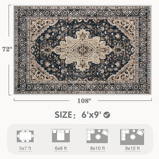 Area Rugs 6x9 Vintage Rug: Washable Living Room Rug Retro Medallion Distressed Large Soft Low Pile Non-Slip Indoor Floor Carpet for Bedroom Kitchen Nursery Dining Table Office (BeigeBlack, 6'x9')