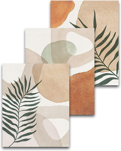HesenDot Unframed Neutral Boho Wall Art Set of 3, 12x16in Botanical Leaves Abstract Geometric Canvas Posters, Minimalist Modern Aesthetic Wall Decor for Bedroom Living Room Home