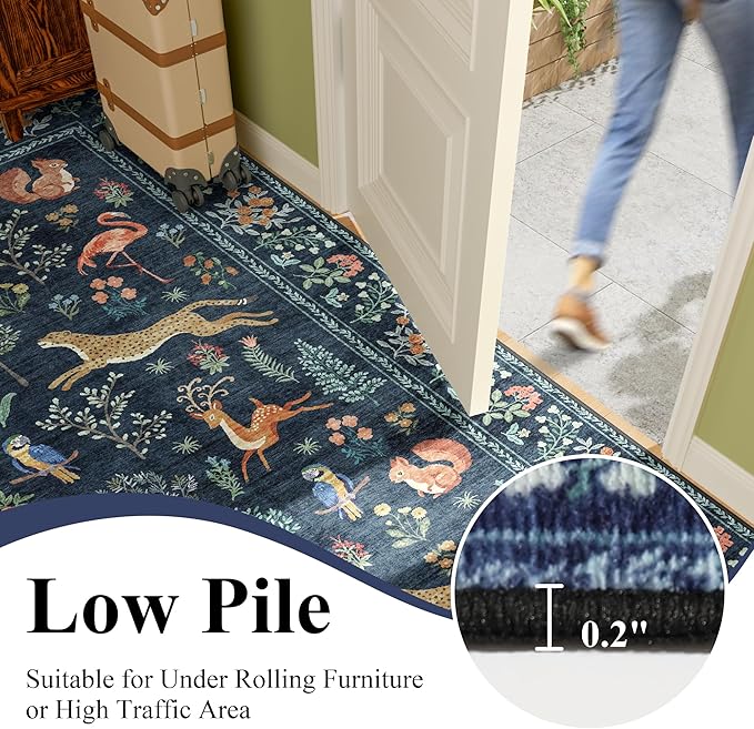 DUKINO 2x12 Washable Runner Rug, Ultra Soft Vintage Animal Runner Rug for Hallway, Lightweight Non Slip & Non Shedding Loog Carpet for Kitchen, Laundry Room, Bathroom, Bedroom, Entrance, Navy Blue