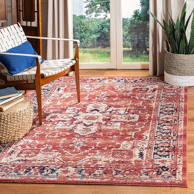 SAFAVIEH Charleston Collection Area Rug - 5' Square, Red & Ivory, Oriental Distressed Design, Ideal for High Traffic Areas in Living Room, Bedroom, Dining Room (CHL411Q-5SQ)