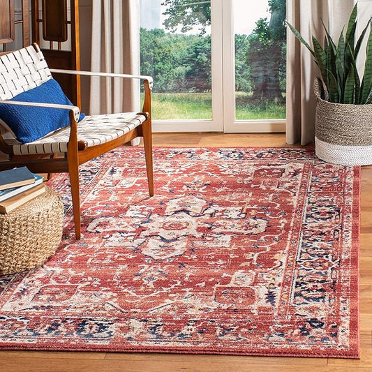 SAFAVIEH Charleston Collection Area Rug - 5' Square, Red & Ivory, Oriental Distressed Design, Ideal for High Traffic Areas in Living Room, Bedroom, Dining Room (CHL411Q-5SQ)