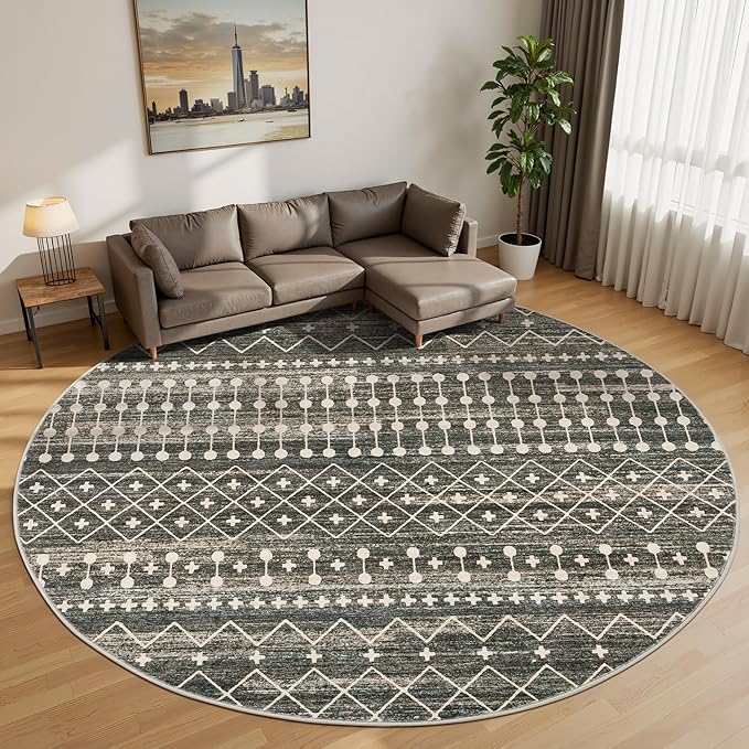 Miukiki Round Rugs 8ft Washable Moroccan Circle Rug for Living Room Non Slip Indoor Floor Carpet Foldable Area Rug for Dining Room with Low PileBlack,8'x8'