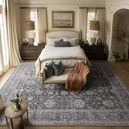 Washable 8x10 Area Rugs for Living Room, Boho Non-Slip Vintage Distress Large Rugs for Bedroom Dining Room Nursery Office, 0.3" Neutral Oriental Throw Thin Carpet, Grey/Multi, E3