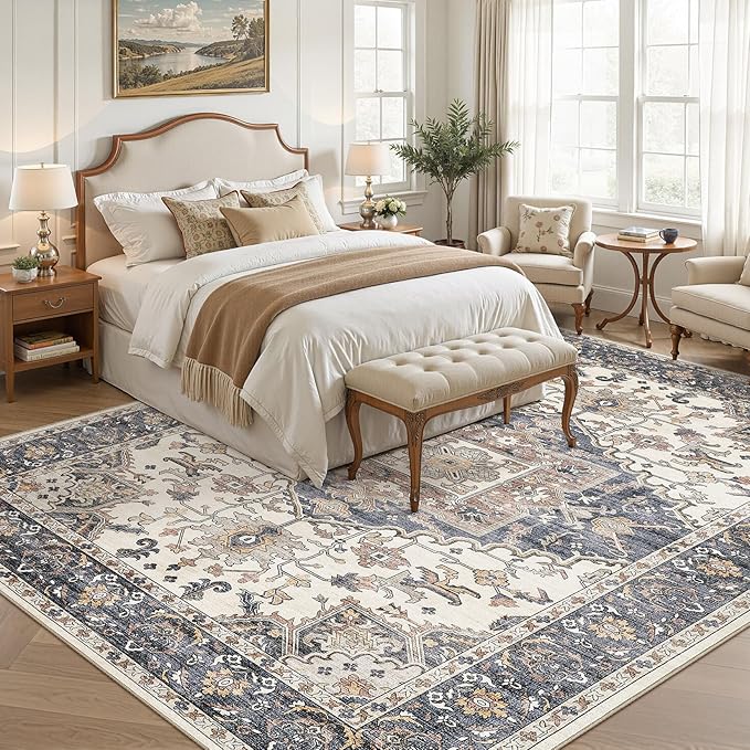 9x12 Washable Area Rugs for Living Room: Non Slip Vintage Beige Blue Rug, Large Soft Stain Resistant Indoor Floor Carpets for Bedroom Dining Room Nursery Home Office Kid & Pet Friendly