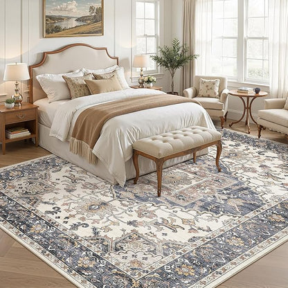 9x12 Washable Area Rugs for Living Room: Non Slip Vintage Beige Blue Rug, Large Soft Stain Resistant Indoor Floor Carpets for Bedroom Dining Room Nursery Home Office Kid & Pet Friendly