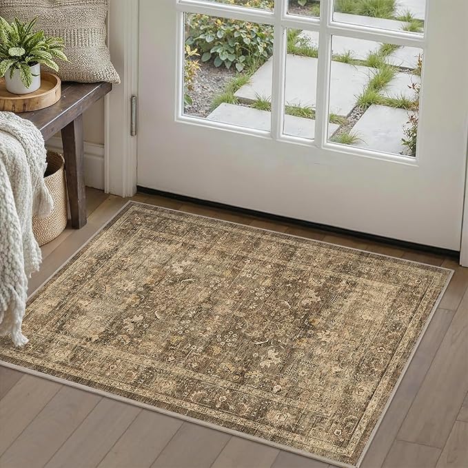 2x3 Brown Entryway Rug Non Slip Washable Area Rug Soft Vintage Boho Throw Rug Retro Distressed Floral Carpet Indoor Farmhouse Decor Low Pile Small Door Mat for Kitchen Bathroom Bedroom Laundry Office