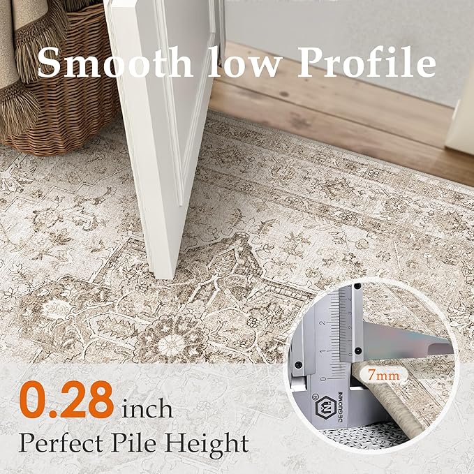 PureCozy Taupe Area Rug 3x4 Washable Vintage Carpet for Office Kitchen Non Slip Retro Distressed Door Mat Low Pile Soft Oriental Medallion Thin Small Throw Rug Entryway Bedroom Bathroom Dining Room