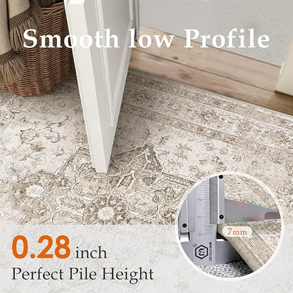 PureCozy Taupe Area Rug 3x4 Washable Vintage Carpet for Office Kitchen Non Slip Retro Distressed Door Mat Low Pile Soft Oriental Medallion Thin Small Throw Rug Entryway Bedroom Bathroom Dining Room