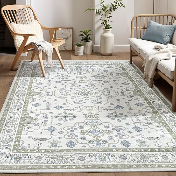 Area Rug 5x7 for Living Room - Washable Oriental Vintage Floral Distressed Large Indoor Carpets with Non Slip Back for Bedroom Dining Room Nursery Office Home Decor -Light Green