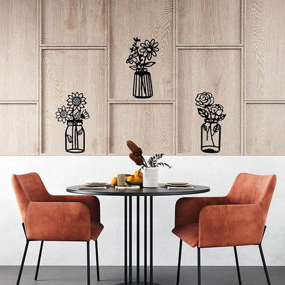 qzmaikoo 3 Pieces Sunflower Roses Daisy Black Metal Flowers Wall Decor Metal Vase Wall Art Metal Wall Sculptures Hanging for Indoor Kitchen Bathroom Bedroom Living Room,14.56x7.87 inches