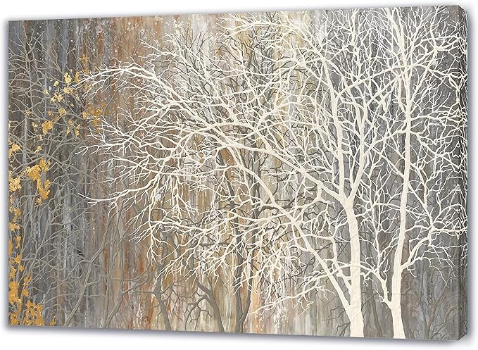 Yihui Arts Autumn Painting On Canvas White Tree Wall Art Large Landscape Falling No Leaves Artwork for Bar Club Decoration Ready to Hang