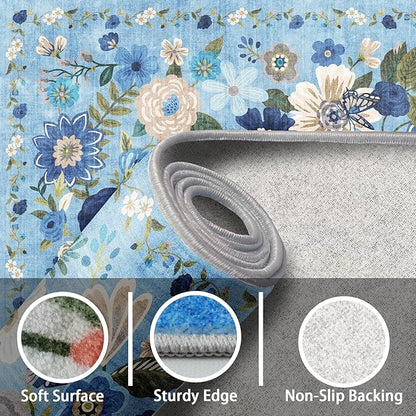 2x5 Entryway Runner Rugs, Non Slip Washable Rugs with Rubber Backing Soft Floral Carpet Runner for Kitchen, Laundry, Bedroom, Bathroom, Blue Garden