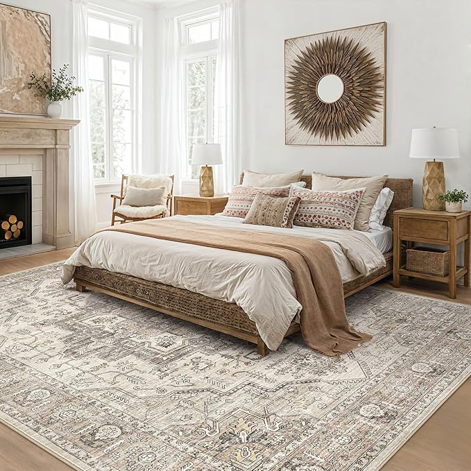 Area Rug 10x12 Washable Vintage - Soft Traditional Rugs for Living Room Large Non Slip Backing with Low Pile Farmhouse Oriental Retro Carpet for Bedroom Dining Room or Home Office - Light Brown
