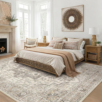 Area Rug 7x9 Washable Vintage - Soft Traditional Rugs for Living Room Large Non Slip Backing with Low Pile Farmhouse Oriental Retro Carpet for Bedroom Dining Room or Home Office - Light Brown