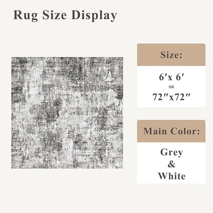 ZHXXUJ Washable 6x6 Square Area Rug – Non Slip Modern Abstract for Kitchen Dining Room Living Room – Low Pile Thin Soft Indoor Rug (Grey)