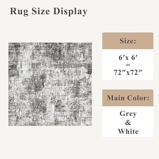 ZHXXUJ Washable 6x6 Square Area Rug – Non Slip Modern Abstract for Kitchen Dining Room Living Room – Low Pile Thin Soft Indoor Rug (Grey)