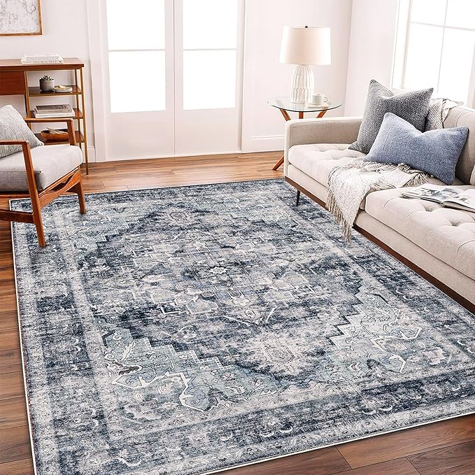 CHAMPLANT Area Rug 5'x7' Dark Blue Washable Vintage Traditional Floor Cover Thin Retro Kitchen Indoor Distressed Non Slip Carpet for Living Room Bedroom Dining Room