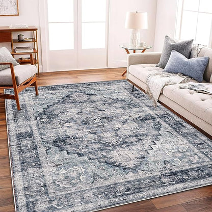 CHAMPLANT Area Rug 5'x7' Dark Blue Washable Vintage Traditional Floor Cover Thin Retro Kitchen Indoor Distressed Non Slip Carpet for Living Room Bedroom Dining Room