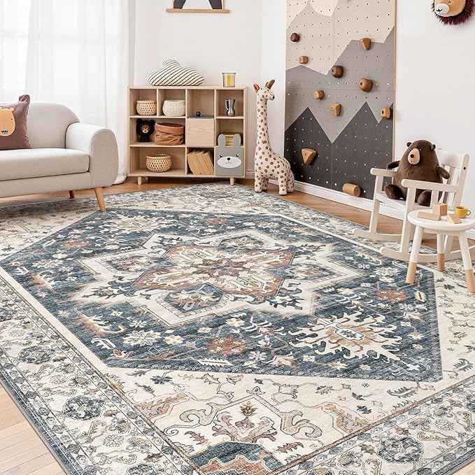 10x14 Area Rugs for Living Room - Large Carpet Ultra Thin Soft Washable Oriental Vintage Floral Distressed Rug Big Indoor Carpets for Bedroom Nursery Dorm Home Decor Aesthetic - Vintage Blue