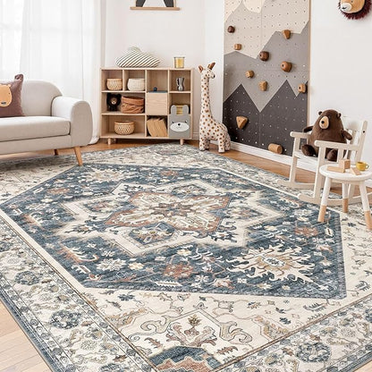 10x14 Area Rugs for Living Room - Large Carpet Ultra Thin Soft Washable Oriental Vintage Floral Distressed Rug Big Indoor Carpets for Bedroom Nursery Dorm Home Decor Aesthetic - Vintage Blue