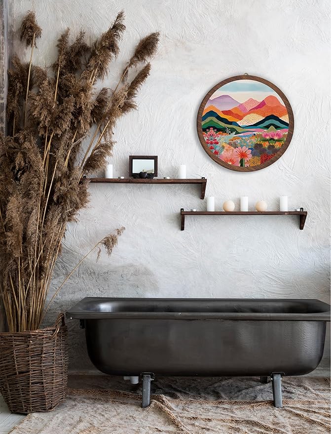 Boho Colorful Landscape Hanging Wall Decor, Abstract Mountain Round Wooden Wall Art, Nature Floral Western Boho Decorations for Aesthetic Apartment Home Living Room Bedroom Bathroom Kitchen Office, 16
