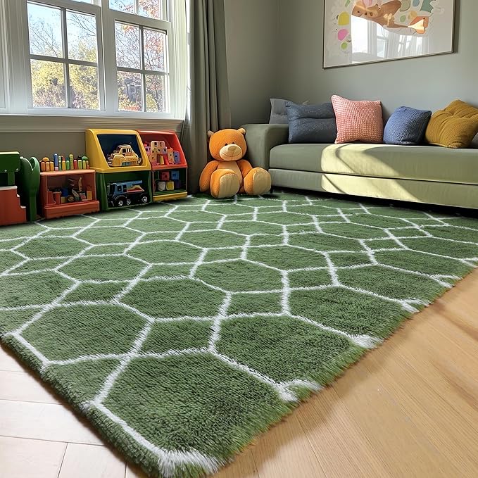 ONASAR Area Rugs for Bedroom Living Room, 4x6 Fluffy Olive Green and White Throw Rug, Soft Plush Fuzzy Shaggy Geometric Floor Carpet for Nursery Kids Girls Boys Teen Dorm Home Decor Aesthetic