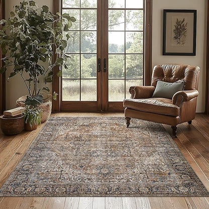 Brown Area Rug 5x7 Machine Washable Living Room Rug Modern Farmhouse Low Pile Non Slip Low Pile Boho Vintage Floral Moody Carpet for Bedroom, Dark Brown