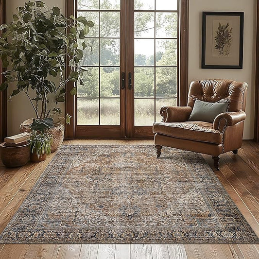 Brown Area Rug 5x7 Machine Washable Living Room Rug Modern Farmhouse Low Pile Non Slip Low Pile Boho Vintage Floral Moody Carpet for Bedroom, Dark Brown