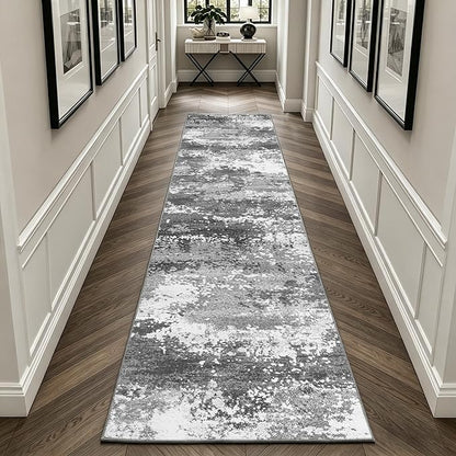 12 FT Extra Long Runner Rug for Hallway Washable, 2.6x12 Large Kitchen Floor Runners Non Slip, Entryway Runner Carpet Low Pile Stain & Fade Resistant, Abstract Gray