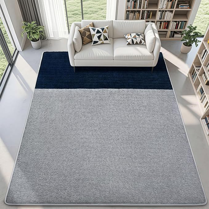 Rugs for Bedroom Living Room, 4x6 ft Grey Navy Blue Area Rug, Washable Memory Foam Non-Slip Carpet, Modern Minimalist Indoor Carpets for Boys Girls Kitchen Home Decor