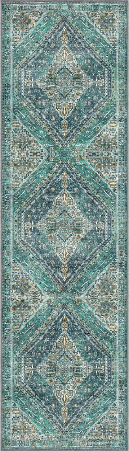 Bavni Runner Rug 2x10 Kitchen Rugs for Hallways Entryway, Washable Vintage Print Carpet, Ultra-Thin Chenille Low Pile Lightweight Rug with Non Slip Backing, Blue/Green
