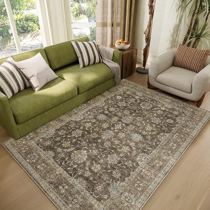 Washable 4x6 Rugs for Living Room, Boho Non-Slip Vintage Distress Small Rugs for Bedroom Nursery Office, 0.3" Neutral Oriental Throw Thin Carpet with Cushioning Pad, Tan/Flaxen/Multi, E2