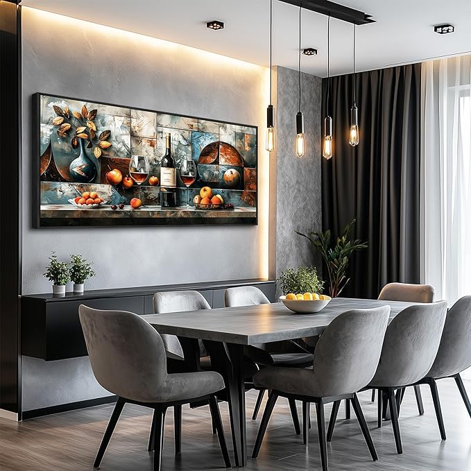 hyidecorart Large Framed Wall Art for Kitchen Vintage Wall Decor For Living Room Dining Room Decorations Modern Pictures Still Life Wine Glass Fruit Canvas Prints Painting Artwork Home Decor 32x72 In