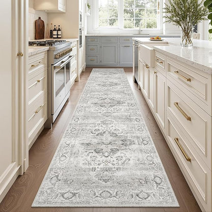 Washable 2.6x12 Runner Rug - Non Slip Long Vintage Hallway Runner Rugs for Kitchen Stain Resistant Indoor Mat Waterproof Carpet for Living Room Entryway Bedroom Laundry Ivory/Gray 2'6''x12'