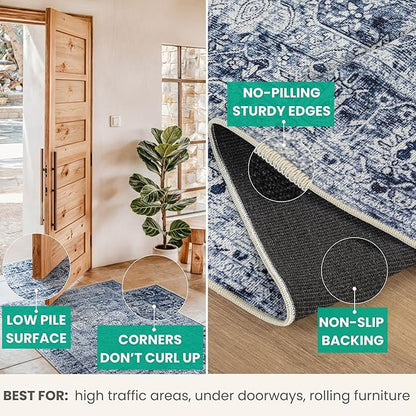 Bloom Rugs Washable Non-Slip 4' x 6' Rug - Ivory/Denim Blue Traditional Medallion Area Rug for Living Room, Bedroom, Dining Room, and Kitchen - Exact Size: 4' x 6'