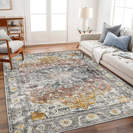 CHAMPLANT Area Rug 5x7 Washable Rug Brown Vintage Traditional Floor Cover Foldable Thin Retro Kitchen Accent Indoor Distressed Non Slip Carpet Bedroom Living Room Bathroom