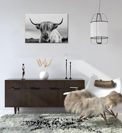 Highland Cow Wall Art Canvas Print Black and White Animal Canvas Picture Framed Art Wall Decor for Bedroom Bathroom (24x36 inch)