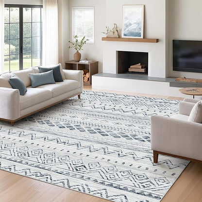Miukiki 5x7 Area Rug for Living Room Moroccan Washable Rugs Non Slip Indoor Floor Carpet Foldable Large Soft Area Rug for Dining Room Bedroom with Low Pile(Blue,5'x7')