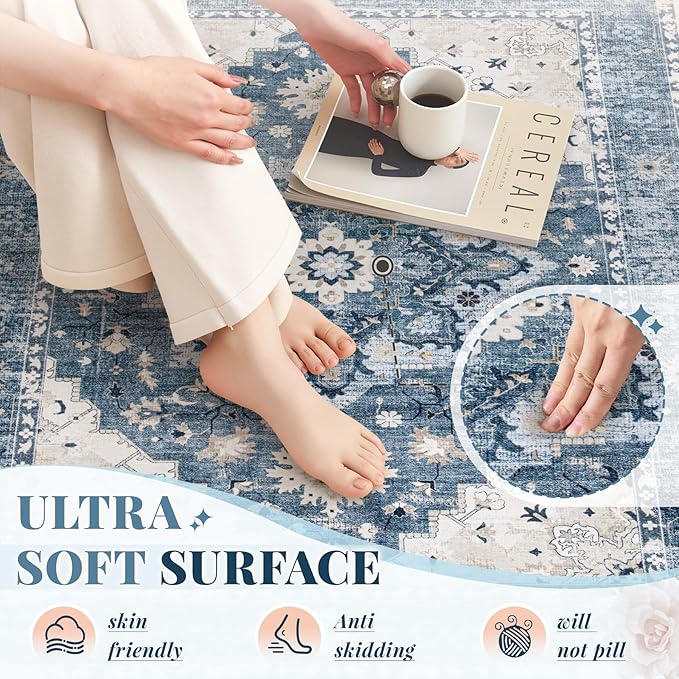 Area Rug 6x9 Vintage Rug: Washable Indoor Medallion Rugs Low Pile Distressed Floor Carpet Retro Accent Rug for Living Room Bedroom Kitchen Dining Table Home Office(Blue, 6'x9')